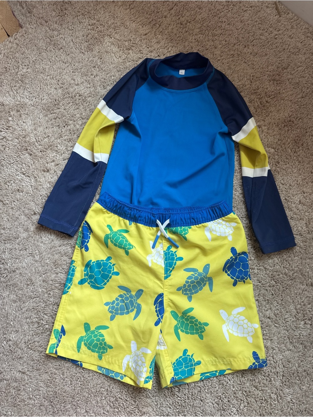 Mini Boden Kids Blue Rash Guard with Yellow Turtle Swim Shorts